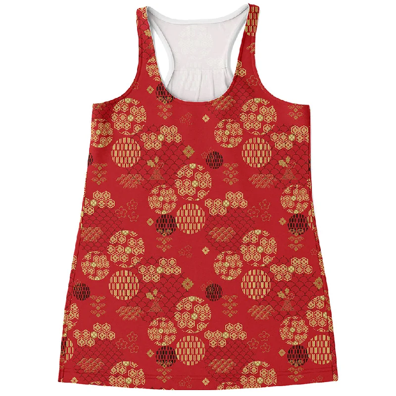 Red Japanese Pattern Print Women's Racerback Tank Top white tank top