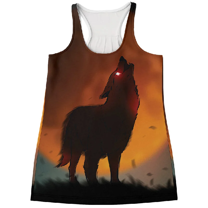 Red Moon Howling Wolf Print Women's Racerback Tank Top playful tank top