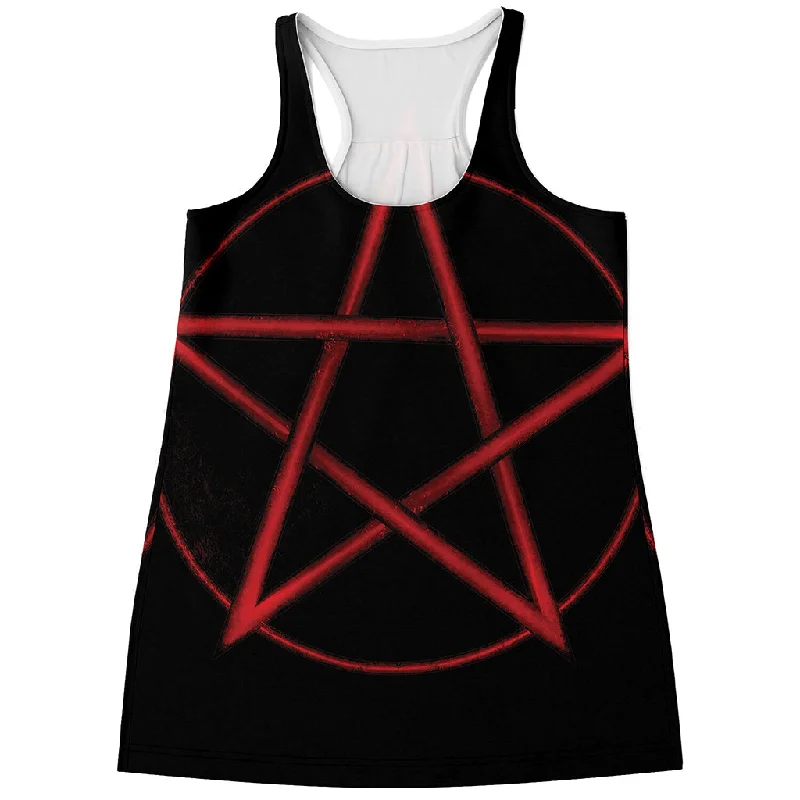Red Pentagram Symbol Print Women's Racerback Tank Top stretchy tank top