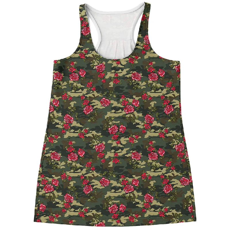 Red Rose Flower Camouflage Print Women's Racerback Tank Top essential tank top