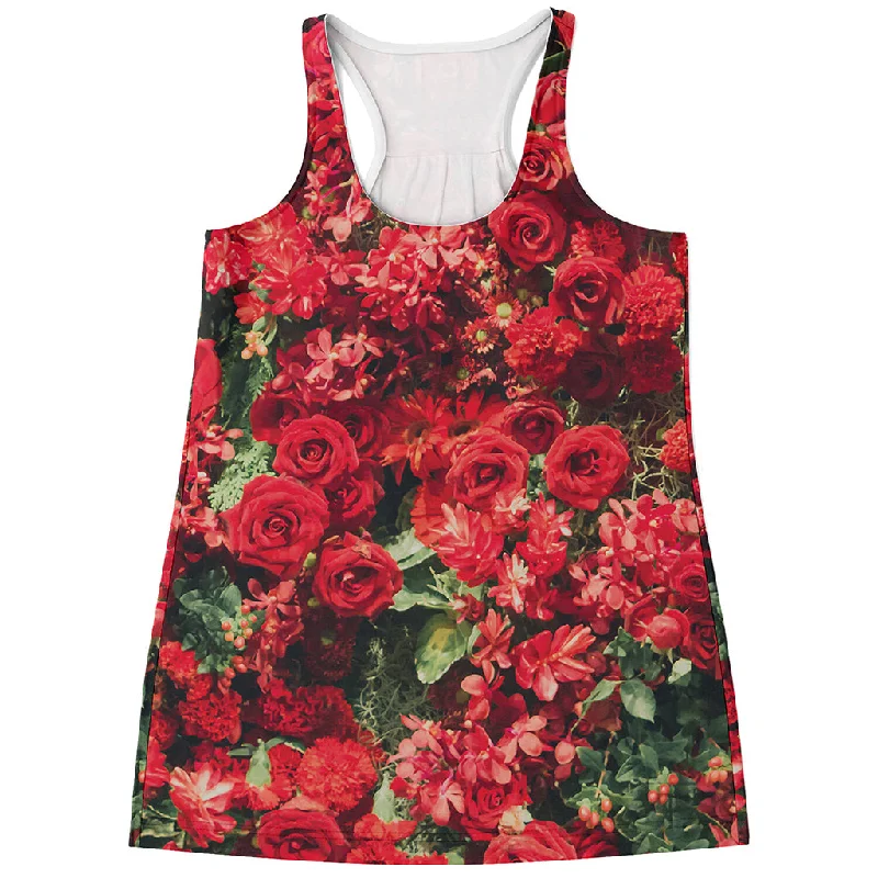 Red Rose Flower Print Women's Racerback Tank Top basic tank top