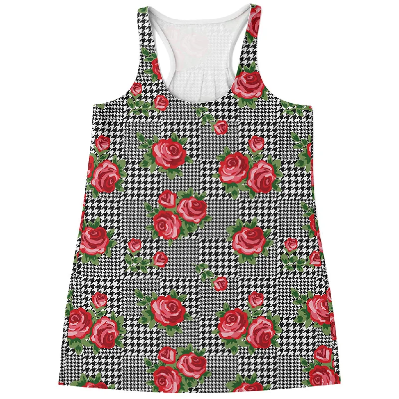 Red Roses Houndstooth Pattern Print Women's Racerback Tank Top cropped tank top