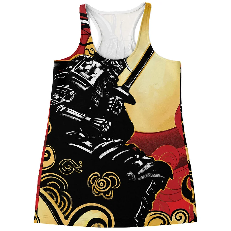 Red Sky And Golden Sun Samurai Print Women's Racerback Tank Top vintage tank top