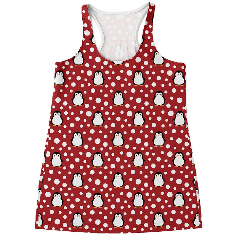 Red Snow Penguin Pattern Print Women's Racerback Tank Top striped tank top