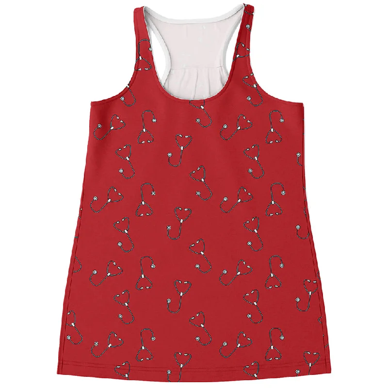 Red Stethoscope Pattern Print Women's Racerback Tank Top low neck tank