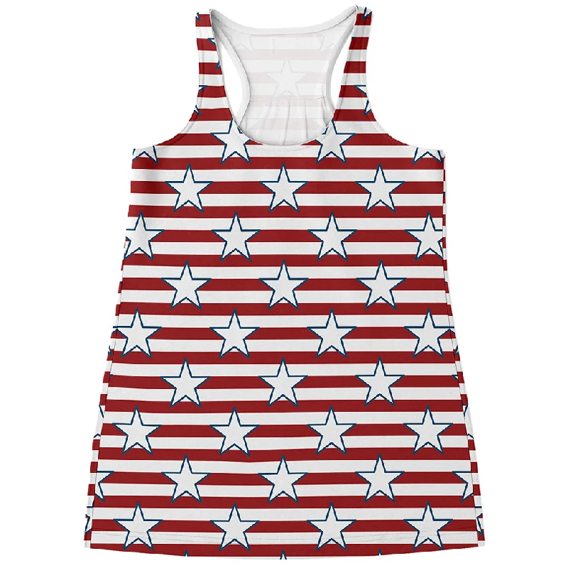 Red Striped USA Star Pattern Print Women's Racerback Tank Top cold shoulder tank