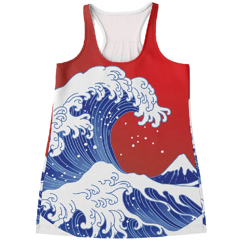 Red Sun Japanese Wave Print Women's Racerback Tank Top halter tank top
