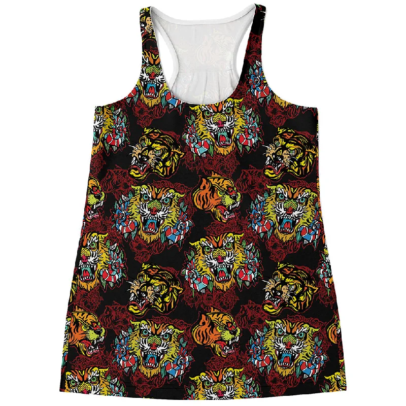Red Tiger Tattoo Pattern Print Women's Racerback Tank Top relaxed fit tank