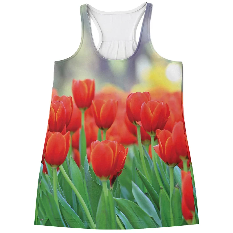 Red Tulip Print Women's Racerback Tank Top rhinestone tank top