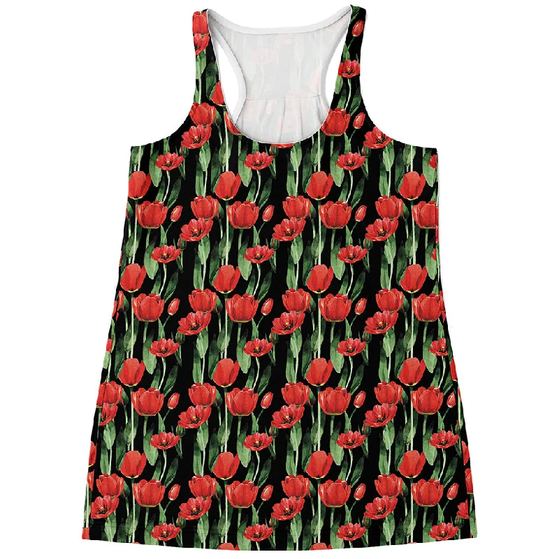 Red Watercolor Tulip Pattern Print Women's Racerback Tank Top gold tank top