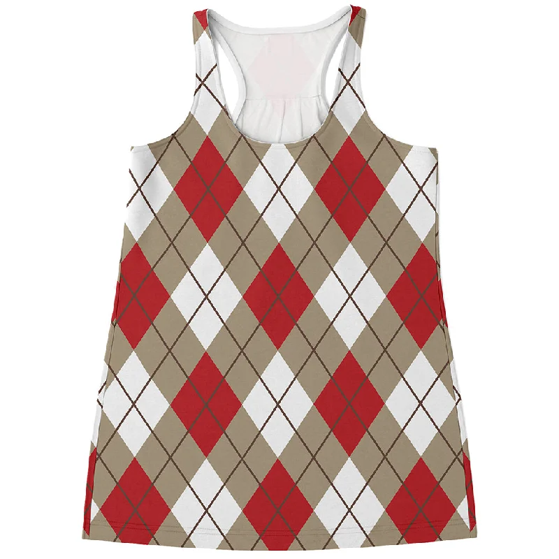 Red White And Beige Argyle Pattern Print Women's Racerback Tank Top metallic tank top