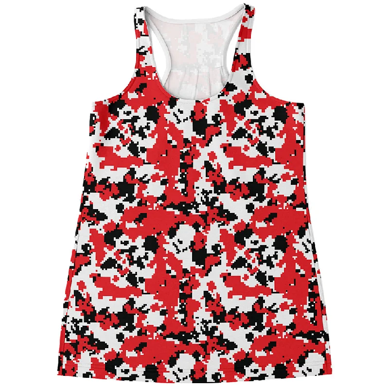 Red White And Black Digital Camo Print Women's Racerback Tank Top silver tank top