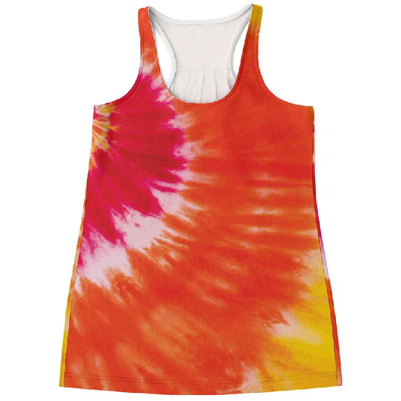 Red Yellow And Orange Tie Dye Print Women's Racerback Tank Top teal tank top
