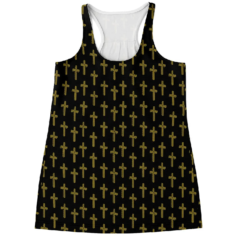 Religious Cross Pattern Print Women's Racerback Tank Top baby blue tank