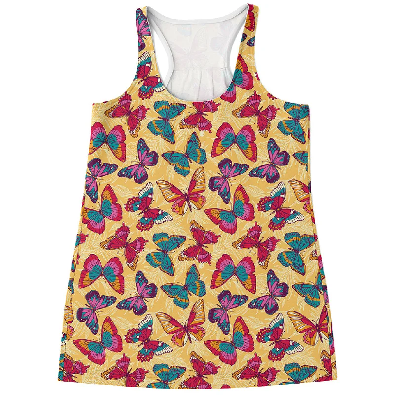 Retro Colorful Butterfly Pattern Print Women's Racerback Tank Top chic tank top