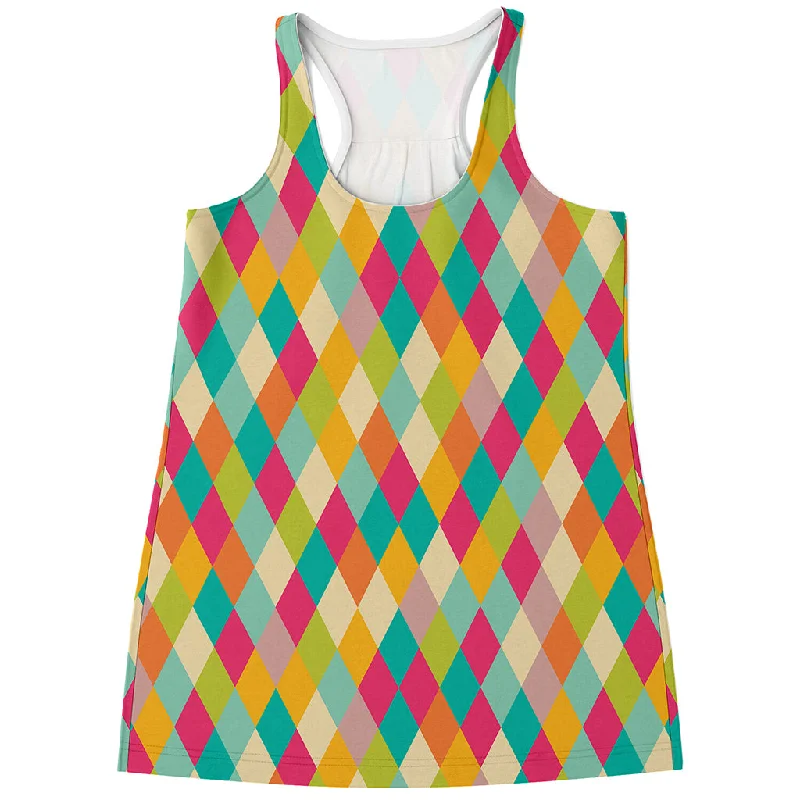 Retro Harlequin Pattern Print Women's Racerback Tank Top cozy tank top