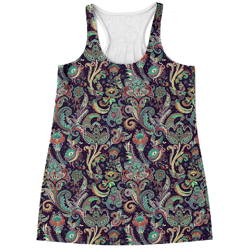 Retro Indian Paisley Pattern Print Women's Racerback Tank Top activewear tank top