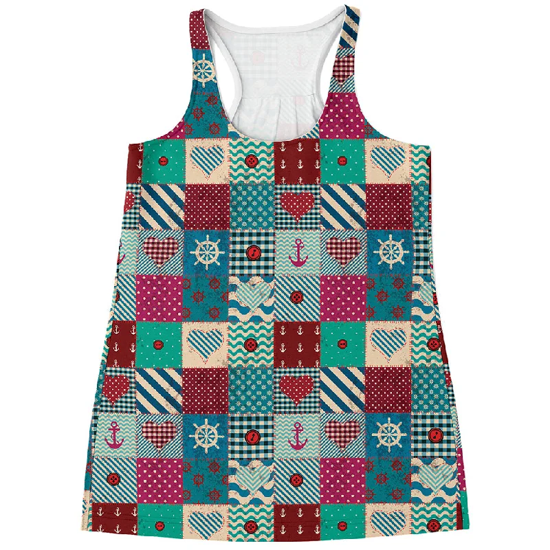 Retro Nautical Patchwork Pattern Print Women's Racerback Tank Top sheer tank top