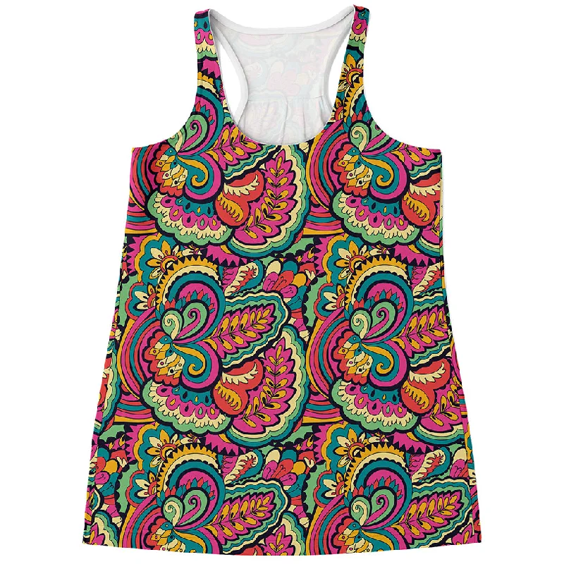 Retro Psychedelic Hippie Pattern Print Women's Racerback Tank Top lace back tank