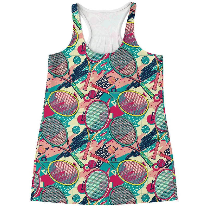 Retro Tennis Pattern Print Women's Racerback Tank Top striped tank top