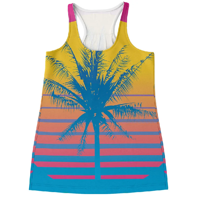 Retrowave Sunset Palm Tree Print Women's Racerback Tank Top strappy tank top