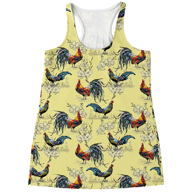 Rooster And Flower Pattern Print Women's Racerback Tank Top turquoise tank top