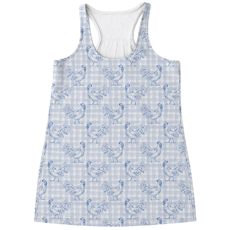 Rooster Plaid Pattern Print Women's Racerback Tank Top white tank top