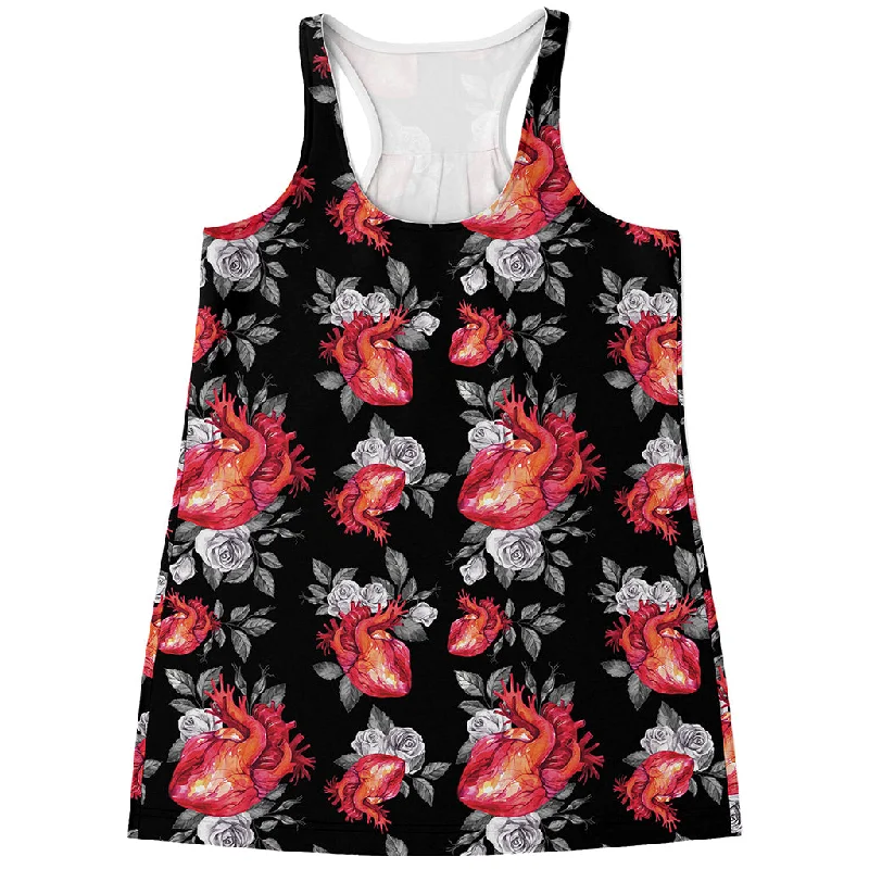 Rose And Heart Pattern Print Women's Racerback Tank Top navy tank top