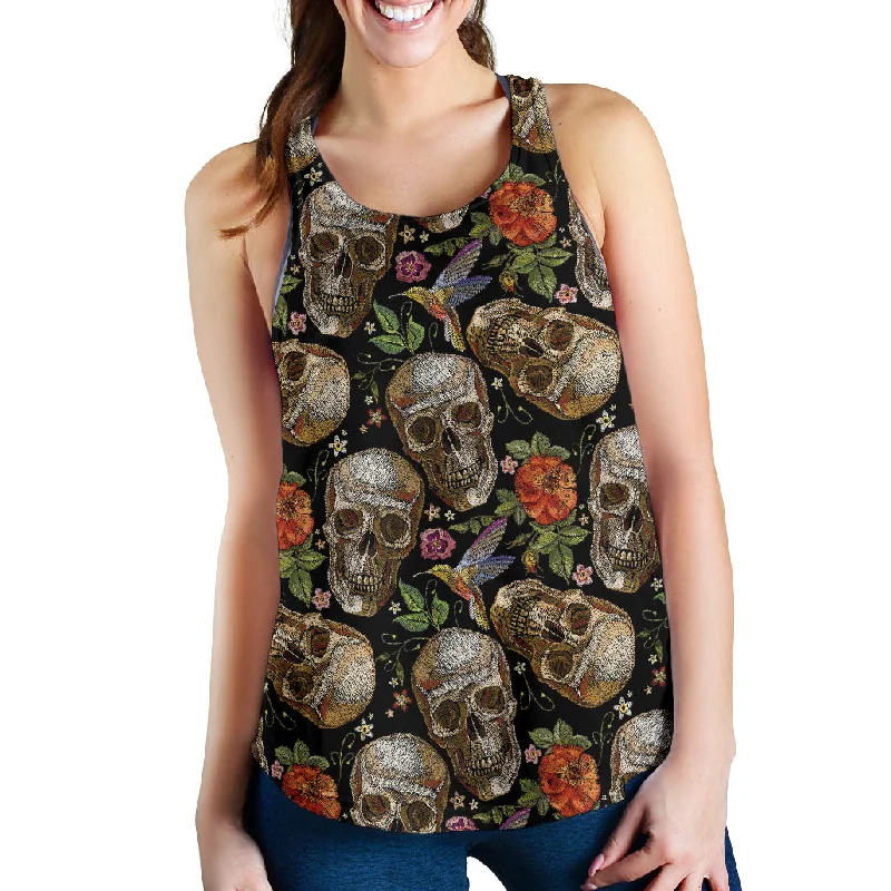 Skull rose humming bird flower pattern Women Racerback Tank Top sheer tank top