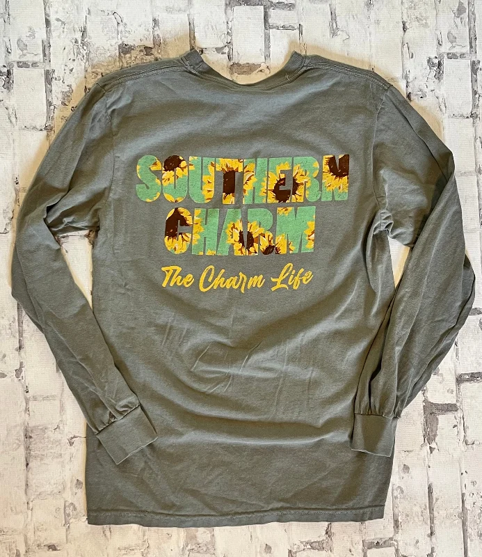 Southern Charm "Lettered Sunflowers" Long Sleeve T-shirt - Granite Iron Safe Non-Iron Wrinkle Free