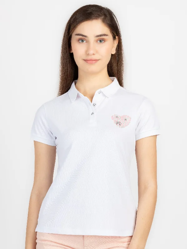 Womens Front & Back Print Polo T-Shirt Welt Pockets Slit Pockets Flap Pockets