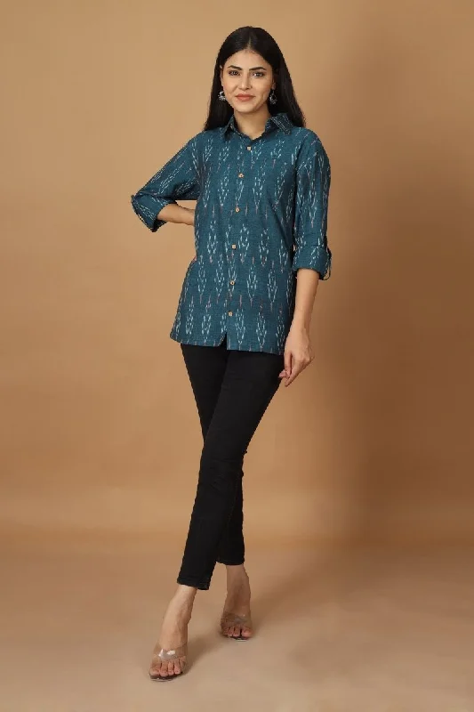 Subah Ikat Womens Cotton Shirt Houndstooth Herringbone Solid