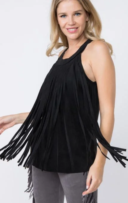 Black Suede Fringed Tank Top peach tank top
