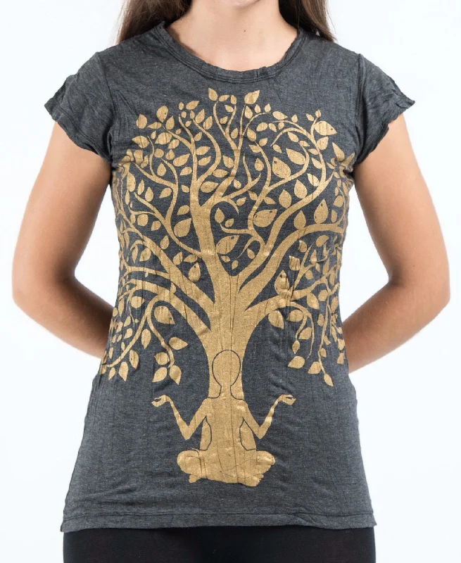 Sure Design Women's Meditation Tree T-Shirt Gold on Black Print Jacquard Patchwork