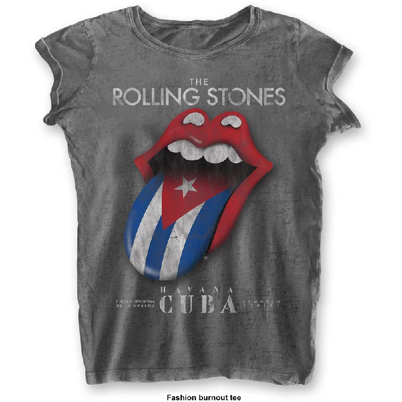 The Rolling Stones Havana Cuba Ladies Burn Out T-Shirt Houndstooth Herringbone Solid