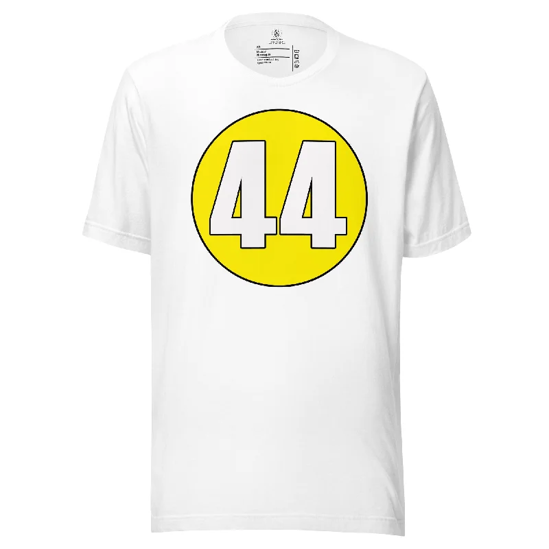 Unisex t-shirt: White on Yellow 44 Hooded Caped Shawl Collar