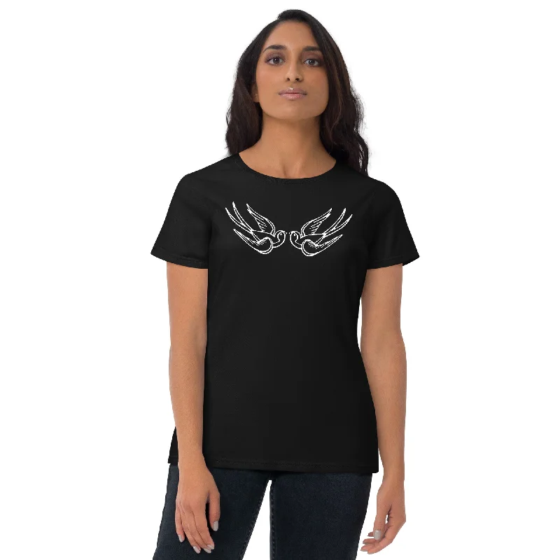 White Falling Sparrows Tattoo Style Bird Women's Short Sleeve Babydoll T-shirt Fleece Nylon Spandex