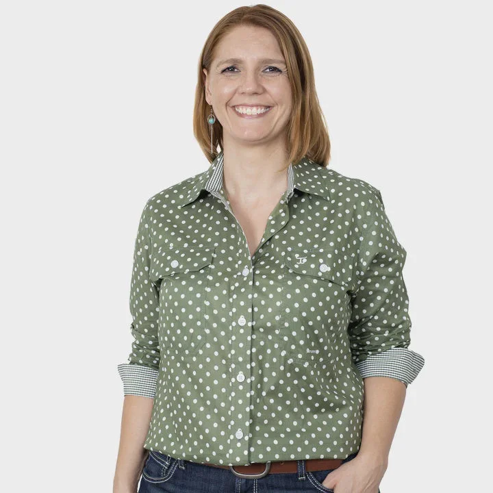 Womens Abbey Full Button Workshirt - Olive Polka Dots Silk Blend Satin Velvet