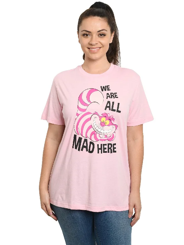 Disney Cheshire Cat Alice in Wonderland T-Shirt Pink Women's Plus Size Front Pockets Side Pockets Patch Pockets