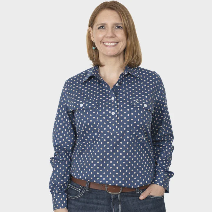 Womens Georgie Half Button Work Shirt - Navy Polka Dots Rayon Velvet Corduroy