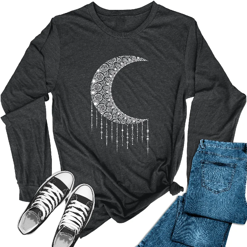 Women's Mandala Crescent Moon Long Sleeve Graphic Tees Chenille Fabric Brocade Fabric Lace Fabric