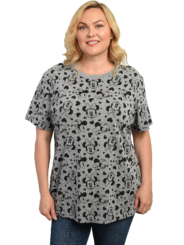 Disney Women's Plus Size T-Shirt Minnie Mouse Tee Gray Hearts Seamless Knitted Crochet