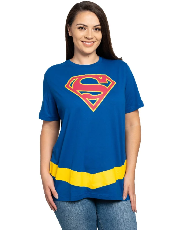 Women's Plus Supergirl T-Shirt Costume Tee Superhero DC Comics Superman Blue Zippered Front Buttoned Front Snap Front