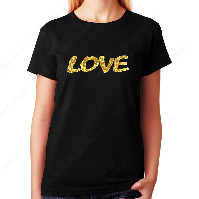 Women's / Unisex T-Shirt with Gold Love in Lace and Spangles Fleece Nylon Spandex