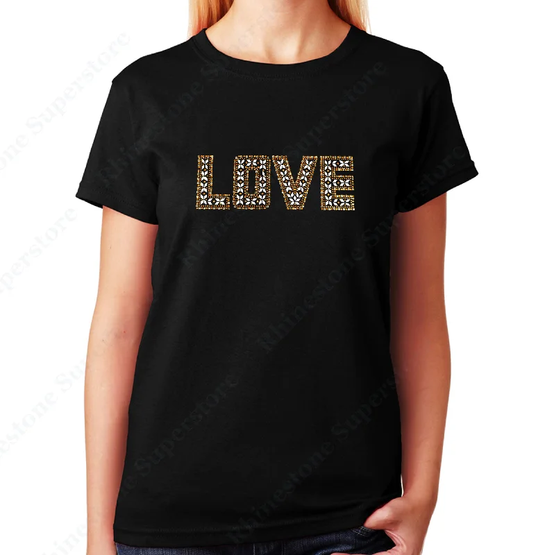 Women's / Unisex T-Shirt with Gold Love in Rhinestuds Spandex Blend Rayon Blend Denim Blend