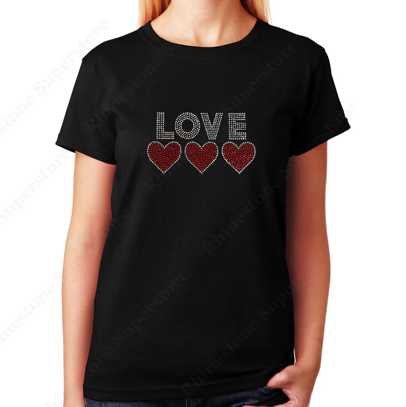 Women's / Unisex T-Shirt with Love with 3 Hearts in Rhinestones Machine Wash Dry Clean Hand Wash