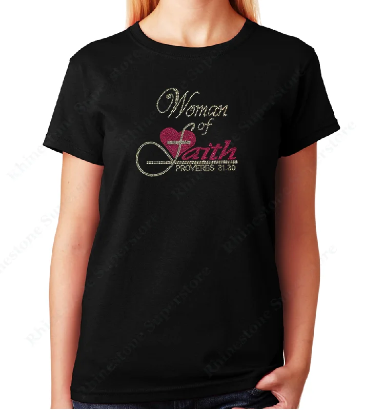 Women's / Unisex T-Shirt with Women of Faith with Pink Heart in Rhinestones Sequined Glittery Shiny