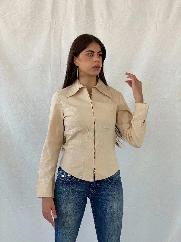 Y2K Lamie Beige Structured Office Core Zip Up Full Sleeve Shirt - M Denim Fabric Leather Fabric Suede Fabric