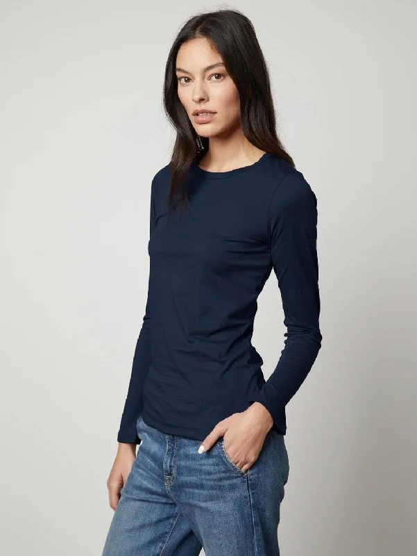 Zofina Long Sleeve Crew Tee - Midnight Rayon Fabric Velvet Fabric Corduroy Fabric