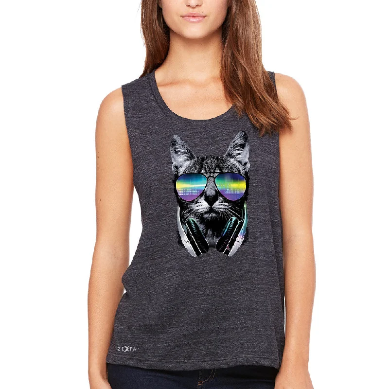 Zexpa Apparelâ„¢ DJ Cat With Sun Glasses and Headphones Women's Muscle Tee Graphic Tanks rhinestone tank top